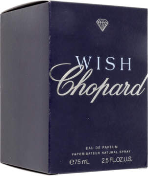 Chopard Wish orientalna woda perfumowana 75ml, ciemnoniebieskie pudełko ze srebrnymi napisami, widok z przodu.
