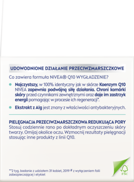 Etykieta NIVEA Q10 WYGŁADZENIE: opis działania przeciwzmarszczkowego, składu (Q10, algi) i instrukcji stosowania.