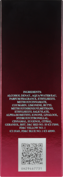 Tył opakowania JOOP! Homme w kolorze ciemnej czerwieni, z białą listą składników i kodem QR.