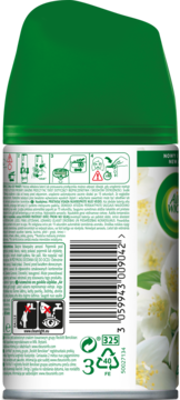 Tył Air Wick Freshmatic o zapachu białych kwiatów, widok na etykietę z instrukcjami i kodem kreskowym.