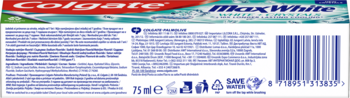 Tył opakowania pasty Colgate Max White White + Crystal 75ml, z kodem kreskowym i ikonami recyklingu.