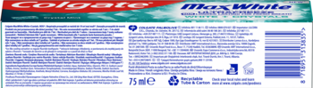 Tył pudełka pasty Colgate Max White 75ml, z drobnym tekstem opisującym produkt, kodem kreskowym i symbolami.