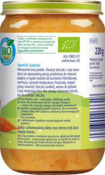 Tył słoiczka HiPP BIO z pomarańczowym posiłkiem marchewkowym dla niemowląt, z etykietą i instrukcją.