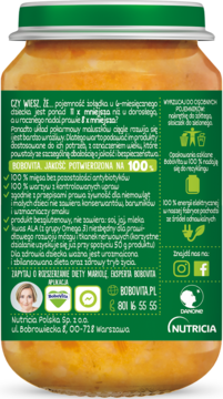 Słoik BoboVita Obiadek Bukiet warzyw z kurczakiem. Tył, zielona etykieta z tekstami i logo Nutricia.