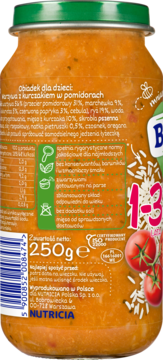 Tył słoiczka Nutricia Obiadek dla dzieci 250g, warzywa z kurczakiem w pomidorach, z etykietą ze składem.