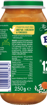 Tył słoiczka BoboVita z warzywami i kurczakiem w pomidorach, zielona etykieta z tabelą wartości odżywczych.