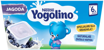 Niebieskie opakowanie Nestle Yogolino Jagoda, deserek dla niemowląt od 6. miesiąca, z misiem i borówkami, widok z przodu.