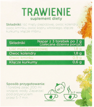 Panel herbatki Trawienie, suplementu diety, prezentujący składniki, wartości odżywcze i instrukcję parzenia.