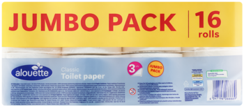 Alouette Jumbo Pack 3-warstwowy papier toaletowy, 16 rolek, miękki i wytrzymały. Niebiesko-żółte opakowanie, widok z przodu.