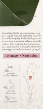 Informacyjny panel Zioła Mnicha: tekst o trawieniu, z miętą i lnem, z ilustracjami składników i jelit.