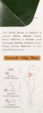 Opakowanie Zioła Mnicha na cholesterol: grafiki karczocha, głogu, mięty, tekst o wsparciu serca i trawienia.