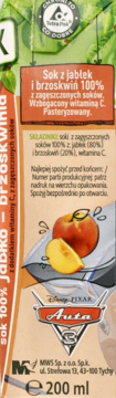Kartony sok jabłko brzoskwinia 100% z witaminą C, motyw Auta Disney Pixar, pojemność 200 ml, widok z przodu.