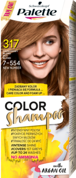 Schwarzkopf Palette Color Shampoo 317 Orzechowy Blond, opakowanie z modelką, widok z przodu, bez amoniaku.