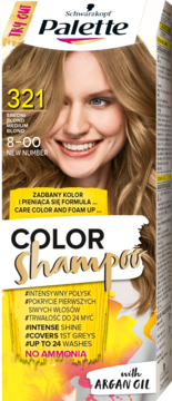 Palette Color Shampoo 321 Medium Blond, opakowanie z uśmiechniętą modelką, widok z przodu, z argan oil.