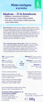 Tylna etykieta mleka następnego Babydream w proszku 500g, od 6. miesiąca, z informacjami o składnikach i firmie.