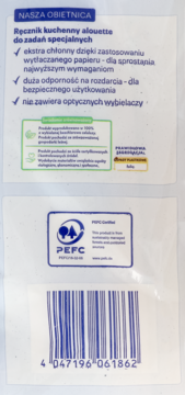 Tył opakowania ręczników kuchennych alouette, z kodem kreskowym, certyfikatem PEFC i tekstem o braku wybielaczy optycznych.