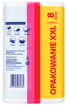 Boczne ujęcie opakowania 3-warstwowych rolek kuchennych alouette XXL (8 sztuk), z etykietą. Wybielane bezchlorowo.