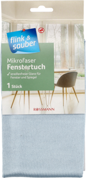 Opakowanie ściereczki Rossmann Mikrofaser Fenstertuch, niebieska ściereczka widoczna pod spodem, widok z przodu.