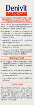 Front kartonowego opakowania pasty Denivit Anti-Stain Expert, białe z logo i polskim opisem eksperta wybielania.