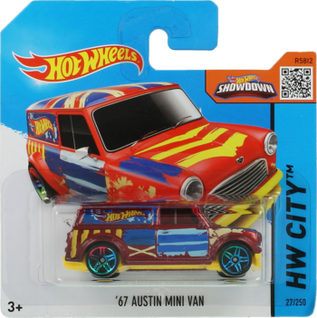 Hot Wheels '67 Austin Mini Van, czerwony z brytyjską flagą, w oryginalnym blistrze HW City, widok z przodu.