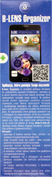 Pionowy niebieski banner aplikacji B-LENS Organizer na Androida, prezentujący ekran telefonu z interfejsem i kod QR.