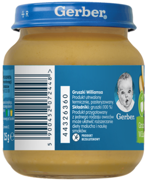 Tył słoiczka Gerber 100% przecieru gruszkowego, niebieska etykieta z kodem kreskowym i składem produktu.