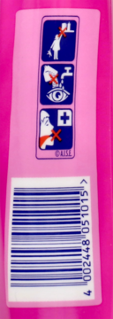Różowy tył odplamiacza Vanish Oxi Action w sprayu, z trzema piktogramami ostrzegawczymi i kodem kreskowym.