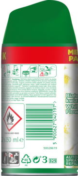 Tył zielono-białego aerozolu Air Wick Freshmatic Białe Kwiaty 2x250ml z kodem kreskowym i ikonami bezpieczeństwa.