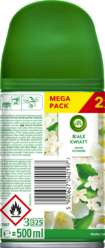 Tył zielonego wkładu Air Wick Freshmatic 500ml o zapachu Białych Kwiatów, z kodem kreskowym i ikonami.
