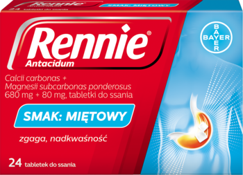 Czerwone opakowanie Rennie Antacidum tabletki do ssania o smaku mięty na zgagę i nadkwaśność, widok z przodu.