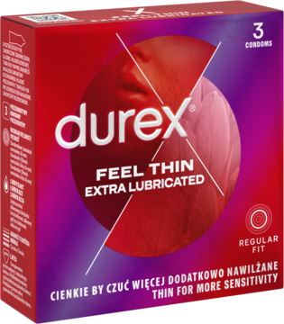 Czerwono-fioletowe pudełko prezerwatyw Durex Feel Thin Extra Lubricated, Regular Fit, 3 szt.
