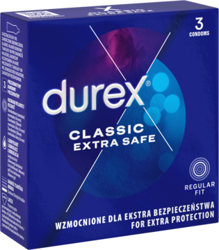 Durex Classic Extra Safe, 3 szt. prezerwatyw w ciemnoniebieskim pudełku, widok z przodu z białymi napisami.