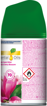 Air Wick Freshmatic Essential Oils Magnolia i Kwiat Wiśni, tył białej puszki z zieloną górą i różowymi kwiatami.