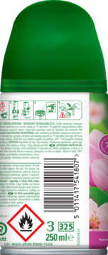 Tył wkładu Air Wick Freshmatic Magnolia i Kwiat Wiśni, 250ml, z kodem kreskowym i ikoną palności.