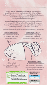 Tył różowego opakowania wkładek laktacyjnych Babydream, z opisem cech, instrukcjami użytkowania i informacją o recyklingu.