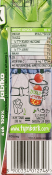 Tył kartonu soku Tymbark 100% Jabłko, zielono-biały, z tabelą wartości odżywczych, grafiką i kodem kreskowym.