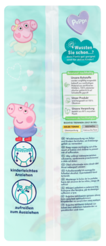 Tył opakowania pieluchomajtek Babydream Peppa Pig. Jasnoniebieskie tło z dwiema Peppą i diagramami użycia.