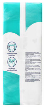 Tył opakowania Pieluchomajtek Babydream XL 18 szt. (15+ kg) z instrukcjami. Biało-turkusowe, łatwe zakładanie.