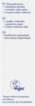 Tył opakowania mydła babydream. Widoczne składniki: rumianek, olej jojoba. Logo Vegan, informacja o braku mikroplastiku.