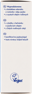 Bok opakowania mydła Babydream, białe tło z opisem składu po polsku, czesku, węgiersku, m.in. z jojobą, logo Vegan.