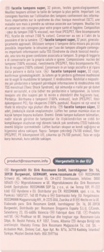 Tył opakowania tamponów Facelle Super z gęstym tekstem instrukcji i danych producenta w wielu językach.