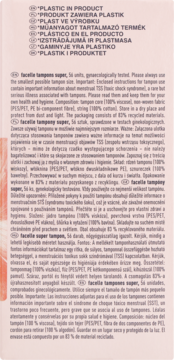 Arkusz info Facelle tampons super: opis, skład (plastik, wiskoza, bawełna), 80% recyklingu, tekst wielojęzyczny.