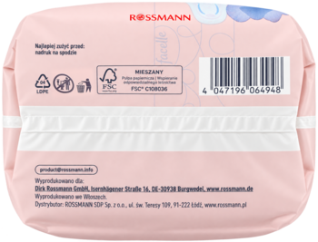 Tył różowego opakowania podpasek higienicznych Facelle Ultra Extra długie, widoczny kod kreskowy i logo Rossmann.