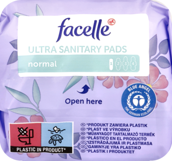 Fioletowe opakowanie podpasek Facelle Ultra Sanitary Pads normal, z białą etykietą i kwiatowym wzorem.