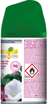 Tył wkładu Air Wick Freshmatic, zielono-biały, Księżycowa Lilia Otulona Satyną, z symbolem palności, do 70 dni.