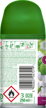 Tył zielonego sprayu Air Wick Freshmatic 250ml lilia, etykieta z kodem kreskowym i symbolem zagrożenia.