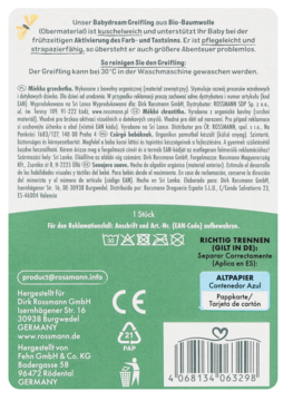 Tył opakowania grzechotki Babydream Rossmann z bawełny organicznej, zielono-białe, z instrukcjami i kodem kreskowym.