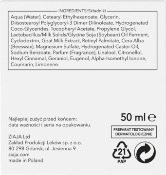 Tył białego opakowania kremu Ziaja Kozie Mleko 50ml z listą składników i danymi producenta.