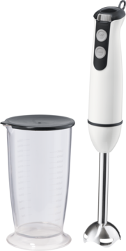Biały blender ręczny Ideenwelt 600W z czarnymi przyciskami, stalową nasadką i pojemnikiem 700ml. Widok z boku.