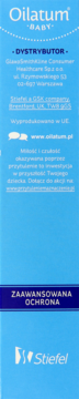 Oilatum BABY emulsja do kąpieli, jasnoniebieskie pionowe opakowanie, widok z boku, widoczne dane dystrybutora.